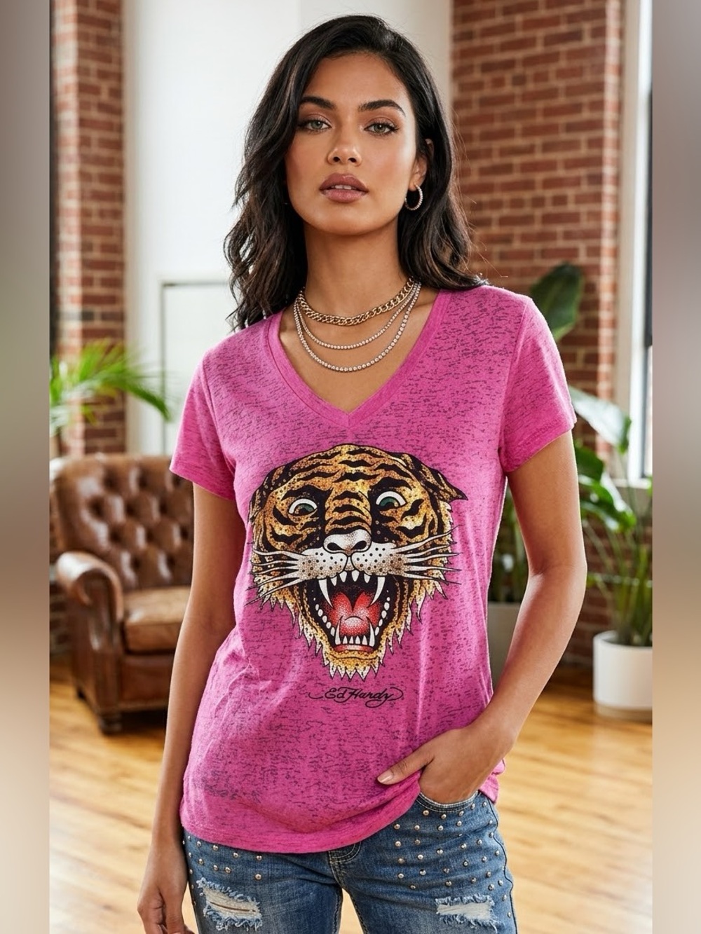 Ed Hardy by Christian Audigier Y2K Pink Purple Tiger Rhinestone T-Shirt XL